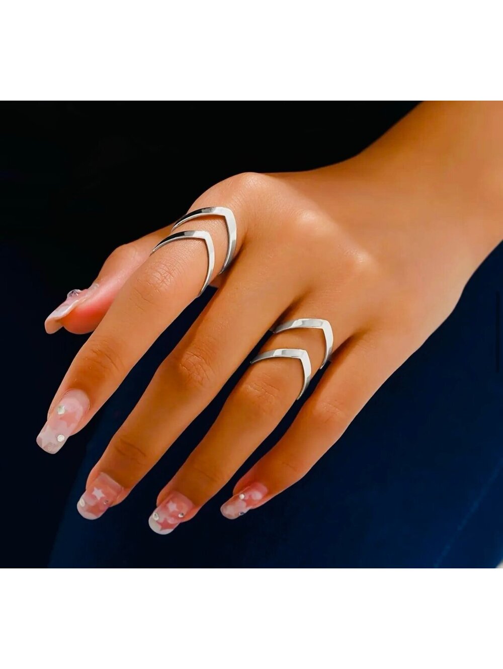 New - Stylish And Classic -Silver Double-layer V-shaped Statement Ring - OS